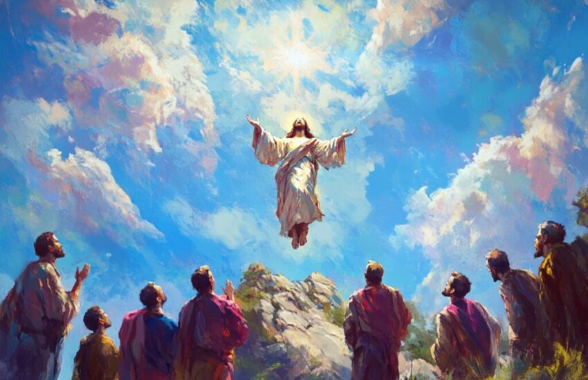 ascension-of-the-lord Jesus ascends into heaven as his apostles look on in awe.
