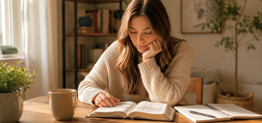 Woman thoughtfully studying scripture, reflecting on bible verses about being a woman of god.