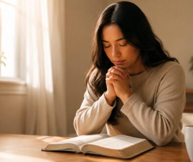 Woman in quiet prayer over an open Bible, guided by bible verses about being a woman of god.