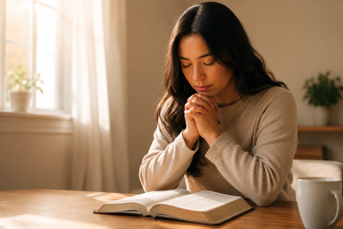 Woman in quiet prayer over an open Bible, guided by bible verses about being a woman of god.