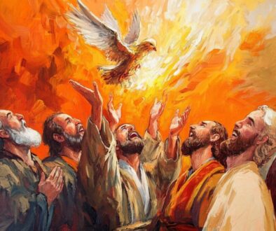 The Holy Spirit descends like fire onto the apostles of Jesus on Pentecost Sunday.