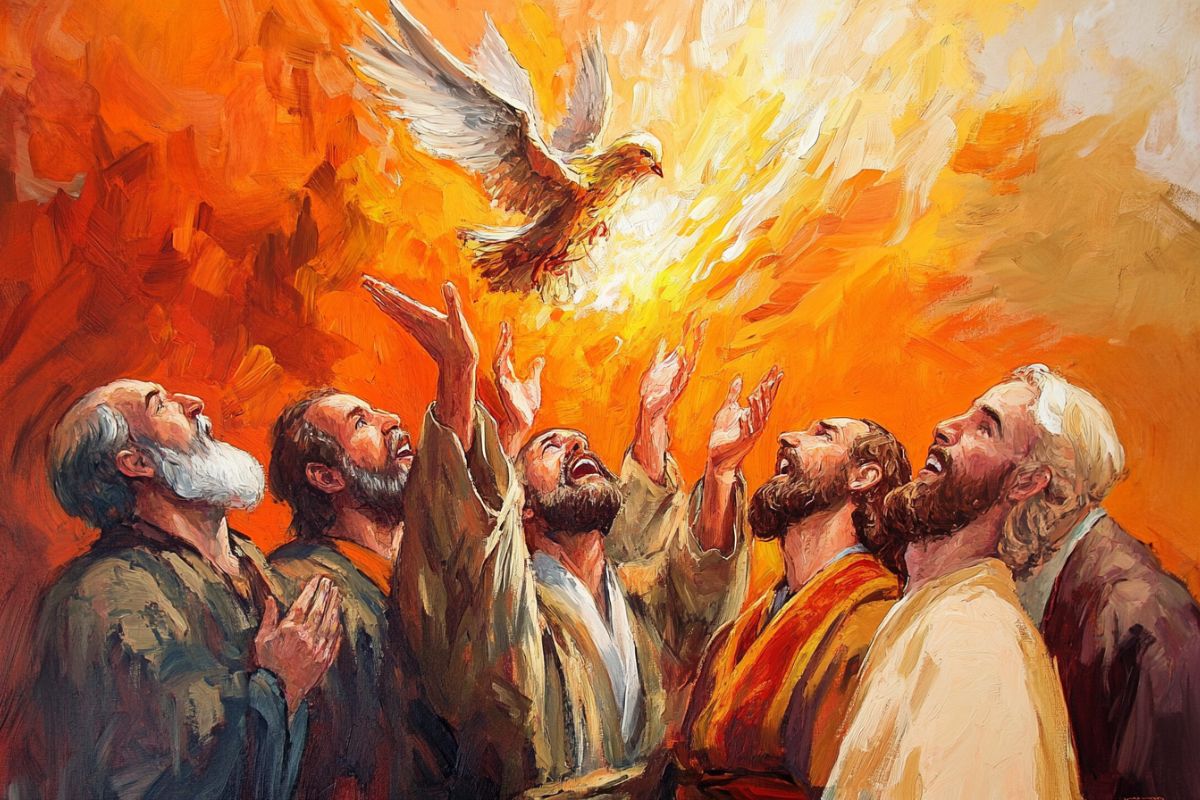 The Holy Spirit descends like fire onto the apostles of Jesus on Pentecost Sunday.