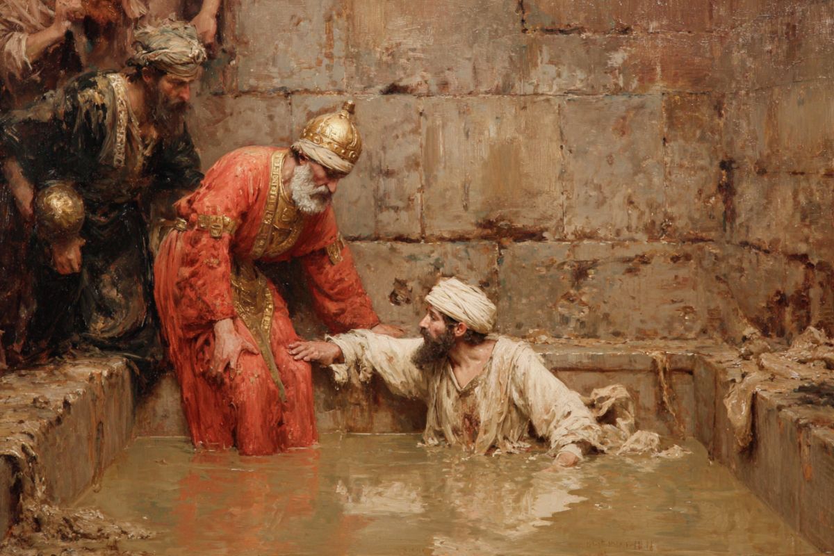The prophet Jeremiah being lowered into a muddy cistern.