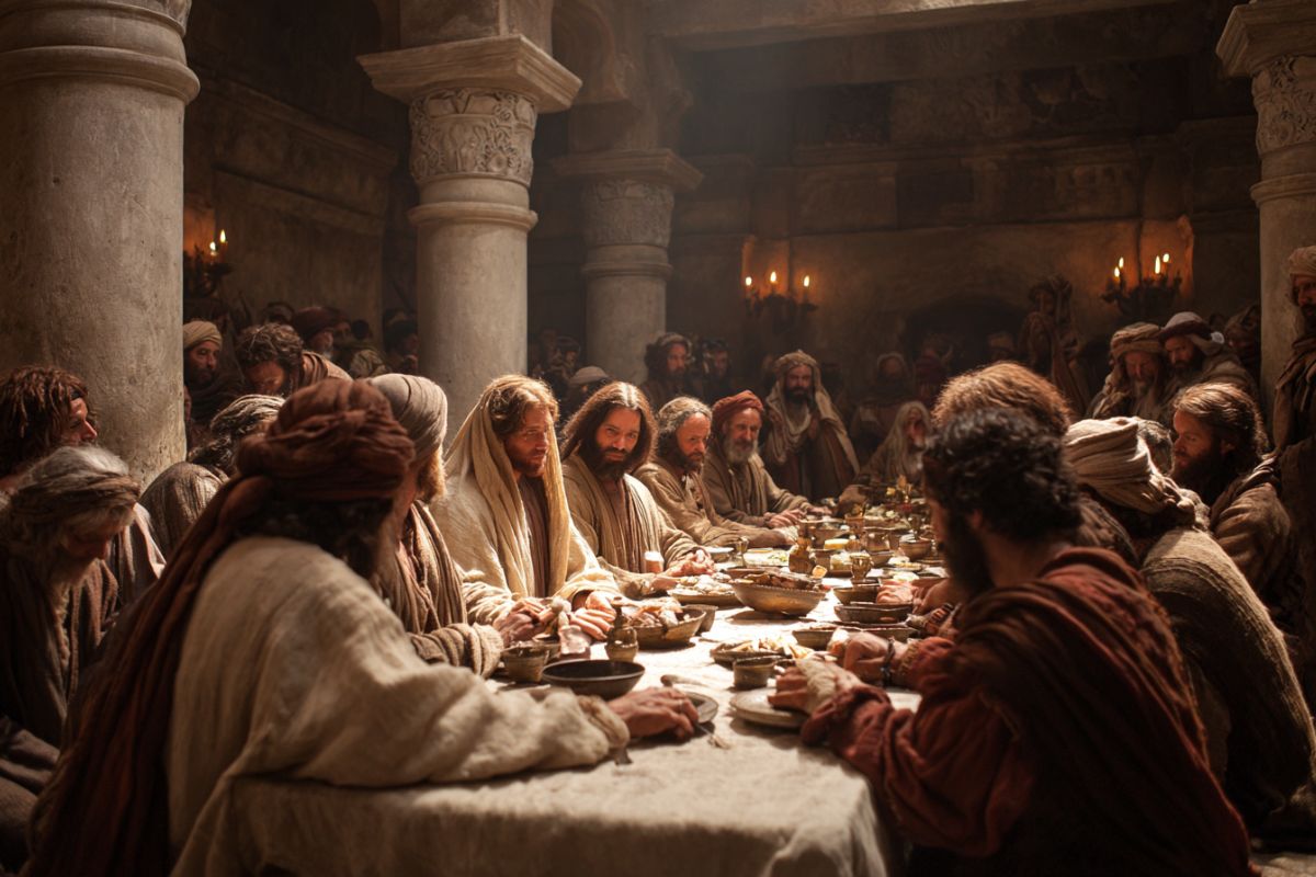 A banquet with Jesus and the Pharisees, with many people around.