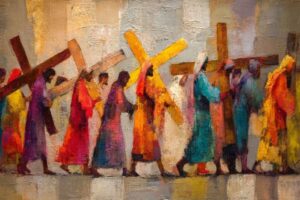 A procession of Christians of all backgrounds carrying crosses following behind Jesus