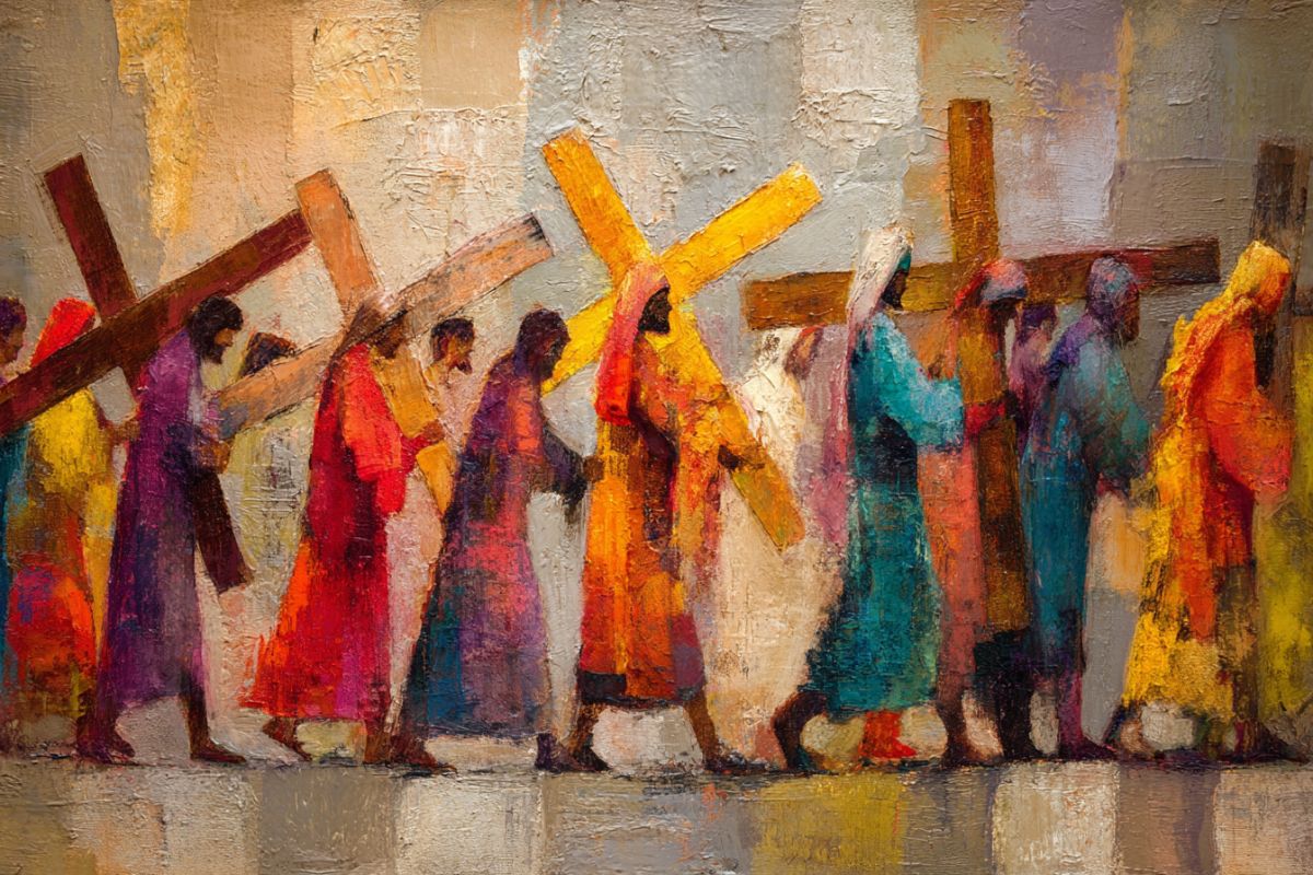 A procession of Christians of all backgrounds carrying crosses following behind Jesus