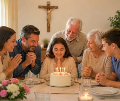 Family gathered around a birthday cake in prayer, sharing a catholic birthday prayer together.