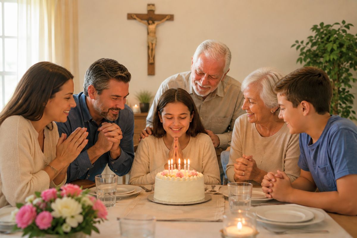 Family gathered around a birthday cake in prayer, sharing a catholic birthday prayer together.