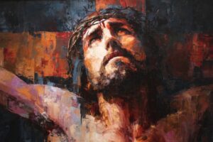 Jesus Christ on the cross, artistic and expressionist painting.