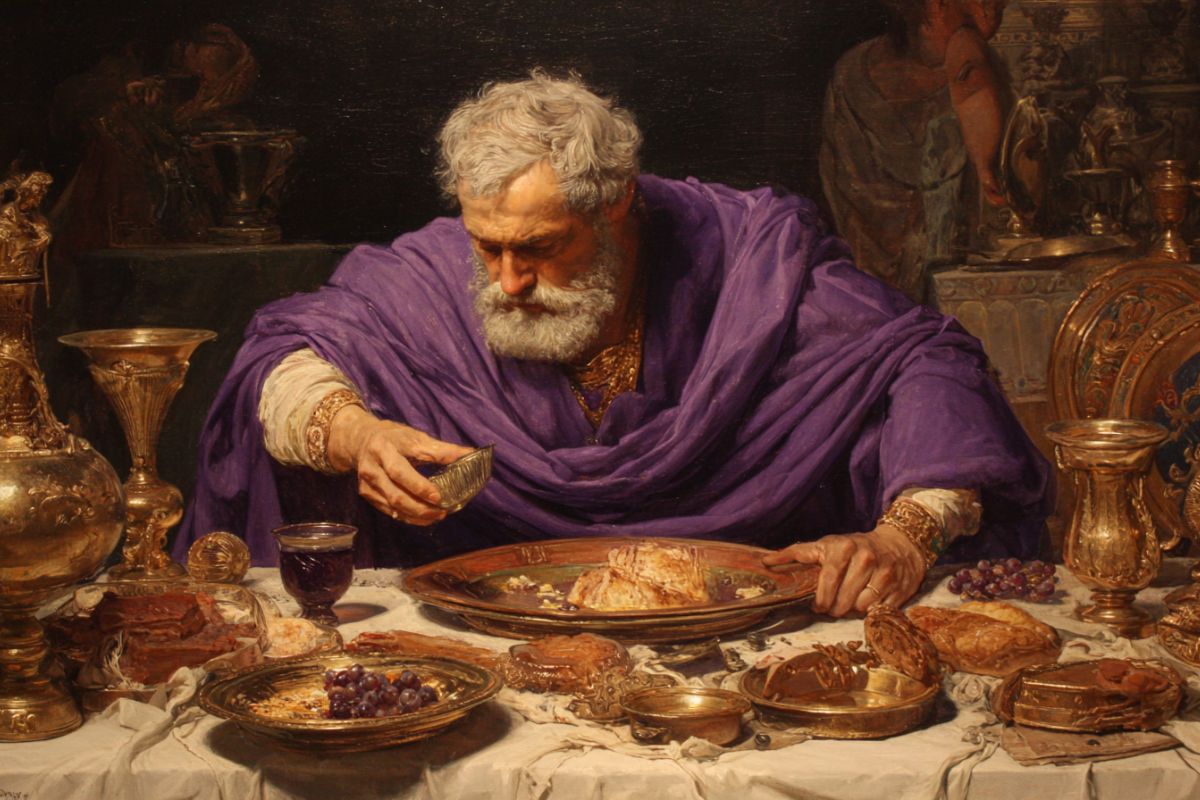 A rich man in the time of Jesus eats a sumptuous meal while he is dressed in purple.