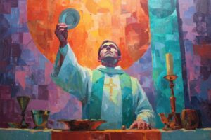 A priest holds up the Eucharist above the altar in a moment of extreme reverence.