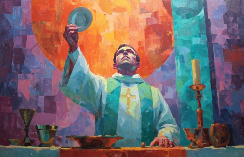 A priest holds up the Eucharist above the altar in a moment of extreme reverence.