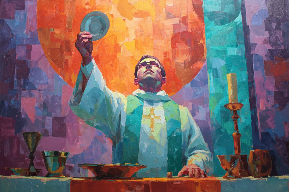 A priest holds up the Eucharist above the altar in a moment of extreme reverence.