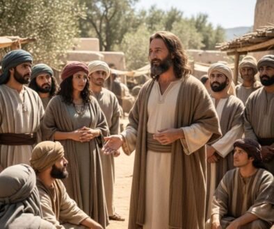 Jesus teaching a diverse group of disciples and people in ancient robes outdoors, gesturing openly – depicting bible verses about community through Christ's example of gathering, teaching, and building fellowship among His followers.