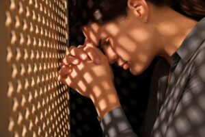 Woman in a gray button-up shirt with eyes closed and hands pressed together in prayer against a textured wall, captured in a moment of quiet contrition during a prayer for repentance and forgiveness.