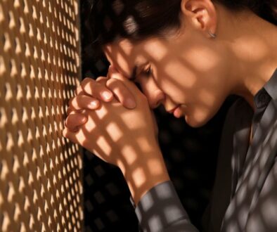 Woman in a gray button-up shirt with eyes closed and hands pressed together in prayer against a textured wall, captured in a moment of quiet contrition during a prayer for repentance and forgiveness.