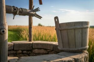 A bucket sitting beside a well.
