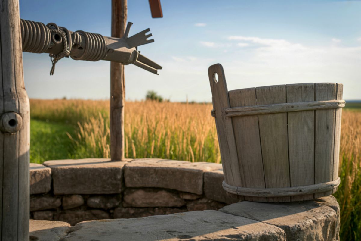 A bucket sitting beside a well.