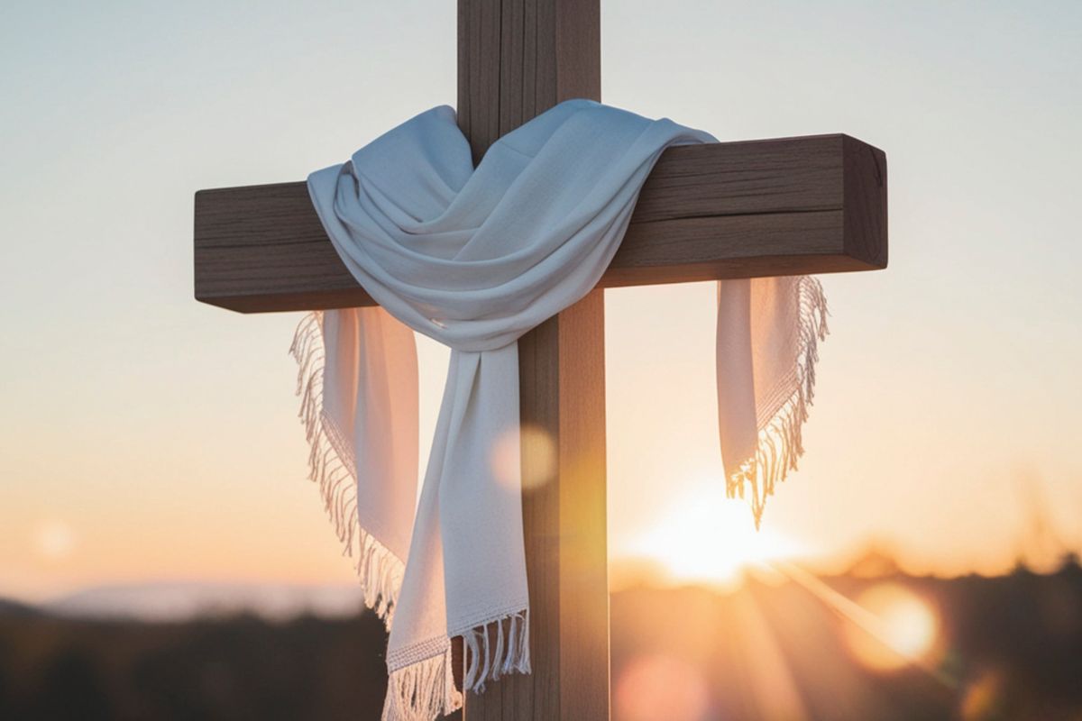 The sun rises behind a cross.