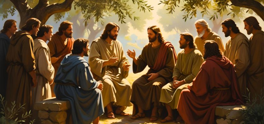 Jesus teaching his disciples outdoors, one of the powerful bible stories that relate to everyday life