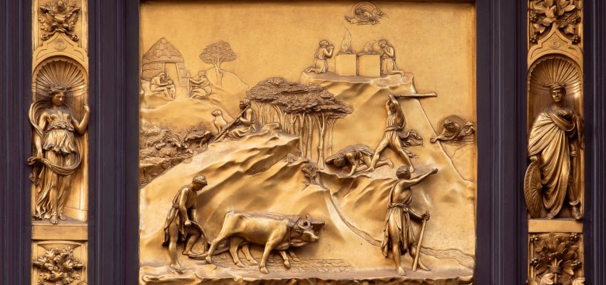 Ornate bronze relief sculpture depicting a classic biblical scene, illustrating bible stories that relate to everyday life
