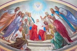 The apostles receive the Holy Spirit on Pentecost.