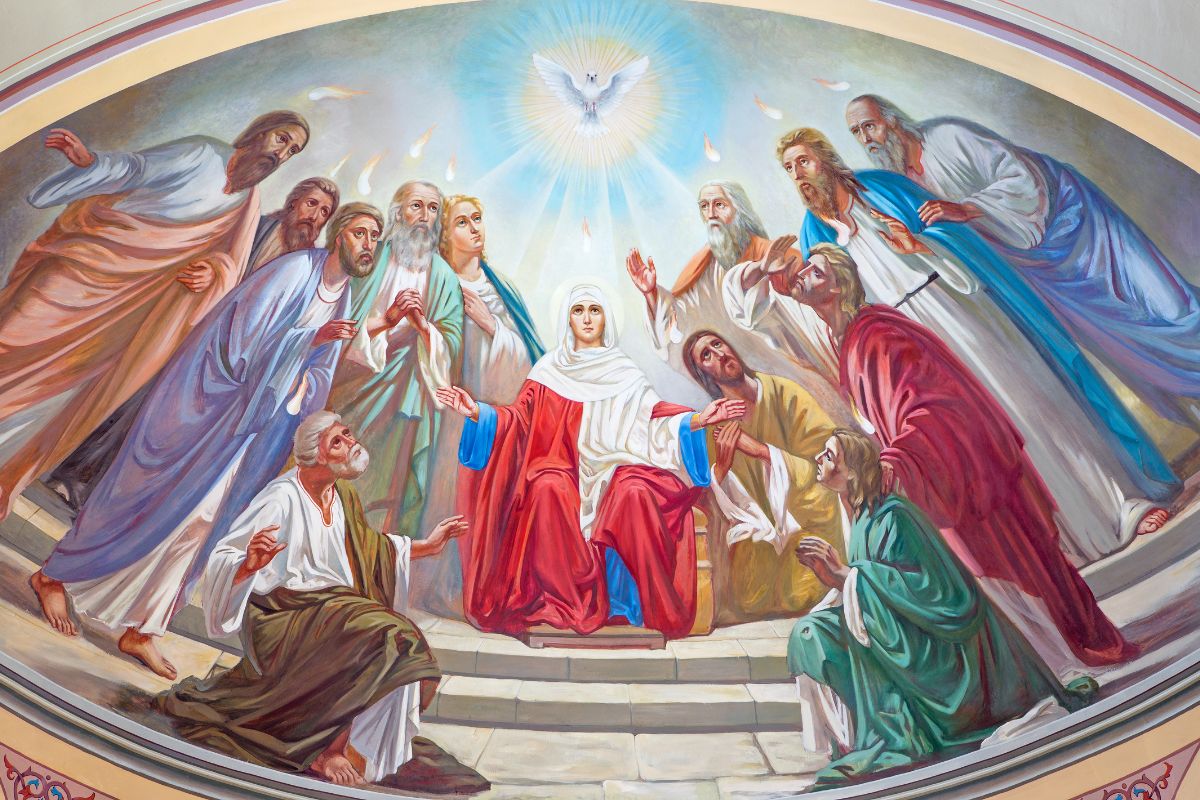 The apostles receive the Holy Spirit on Pentecost.