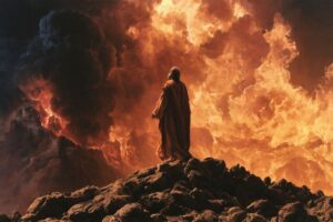 The prophet Elijah hears the voice of God as a still, small voice as he stands on Mount Horeb after the fire and earthquake passed.