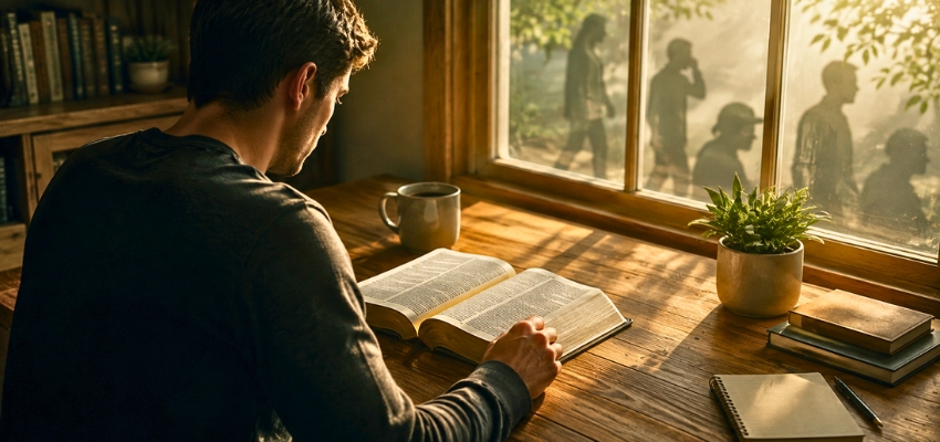 Man studying an open Bible at a desk, reflecting on a bible verse about temptation.