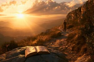 Open Bible on a rocky mountain path at sunset, symbolizing a powerful bible verse about temptation.