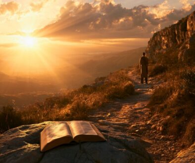 Open Bible on a rocky mountain path at sunset, symbolizing a powerful bible verse about temptation.