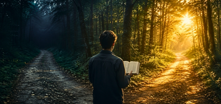 Man holding a Bible at a forest crossroads, guided by a bible verse about temptation.