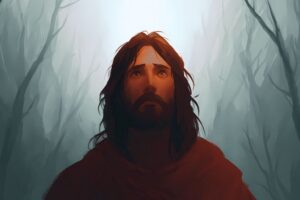 An image of Jesus looks up to heaven.