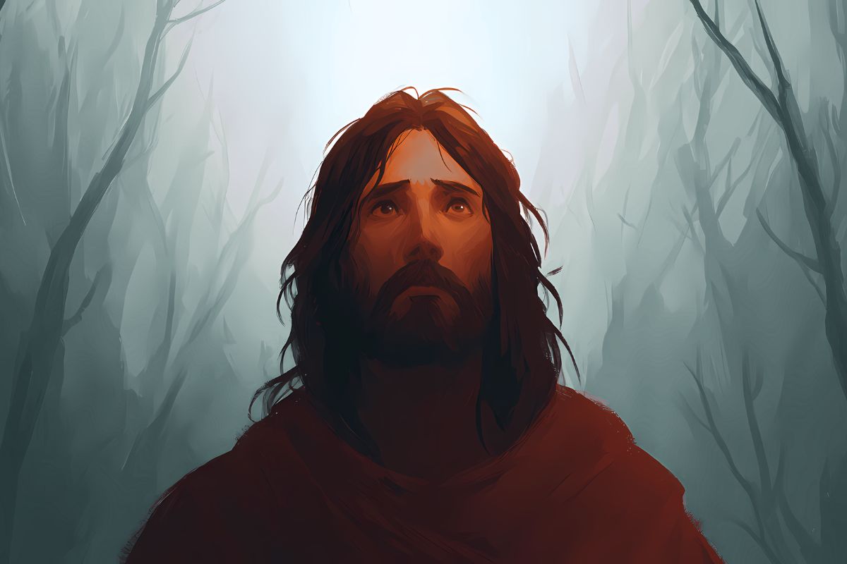 An image of Jesus looks up to heaven.