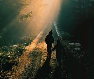 Children walk on a path through the forest.