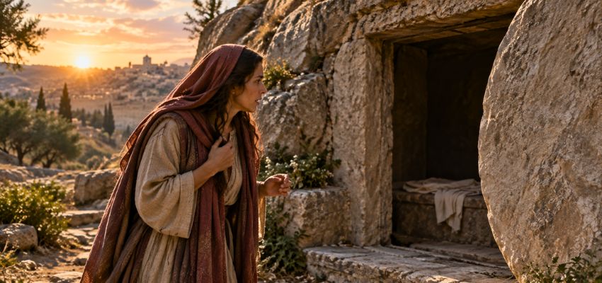Woman at an empty tomb at sunrise, a scene often linked to the debate is mary of bethany the same as mary magdalene.