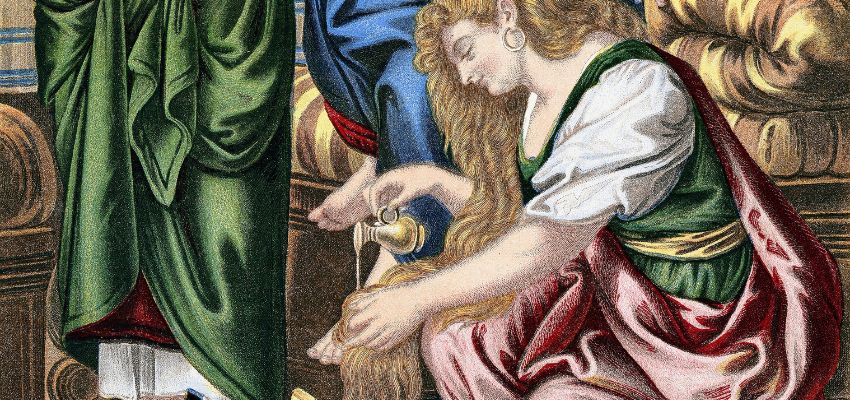 Classic artwork of a woman anointing feet, central to questions of is mary of bethany the same as mary magdalene.