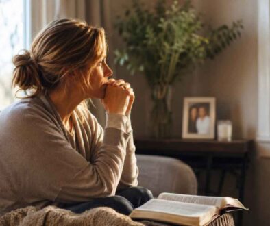 Woman quietly reflecting with an open Bible, finding comfort in scripture for loss of loved one.
