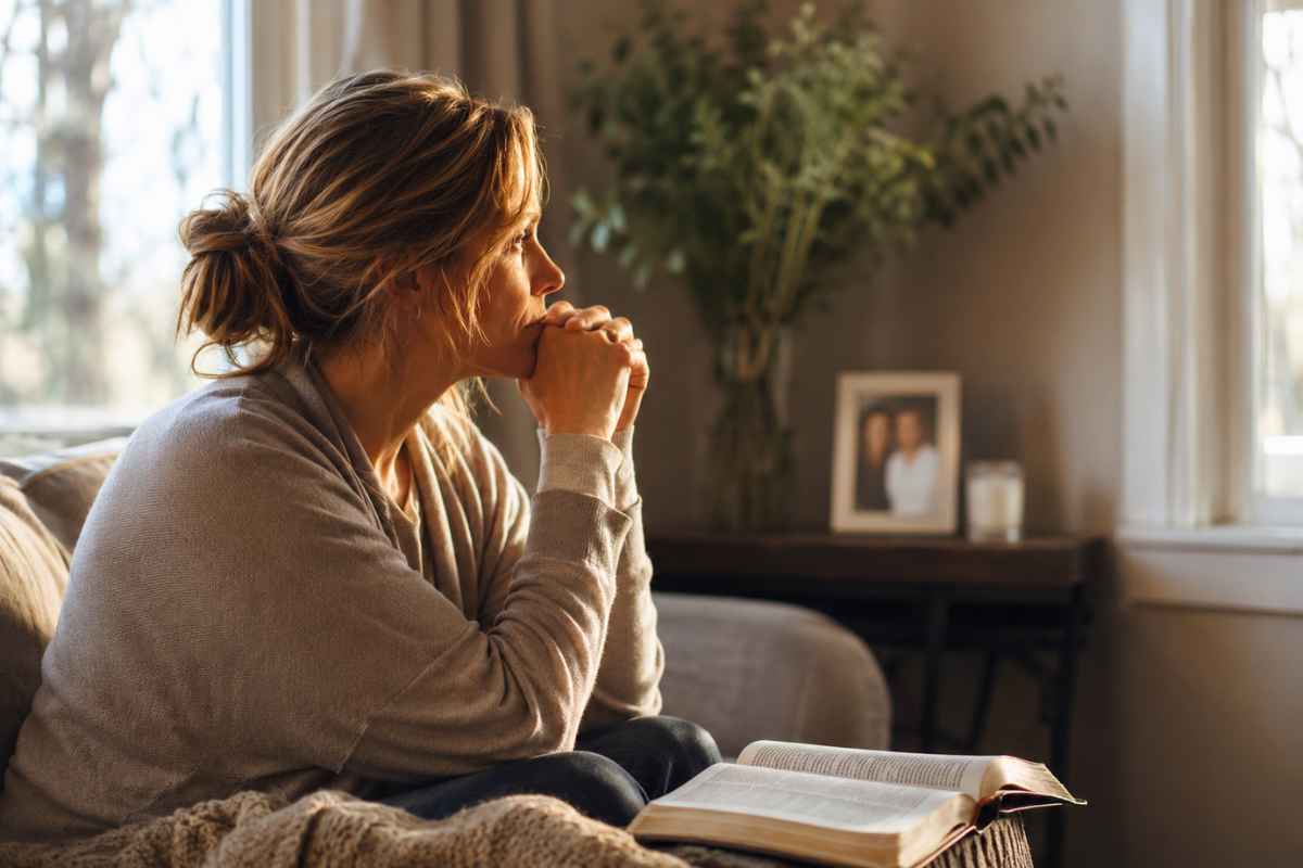 Woman quietly reflecting with an open Bible, finding comfort in scripture for loss of loved one.