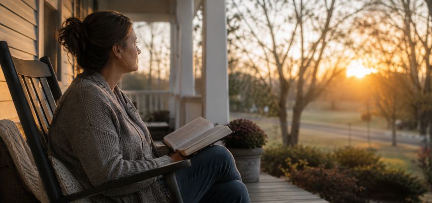 Woman reading the Bible on a porch at sunset, turning to scripture for loss of loved one.