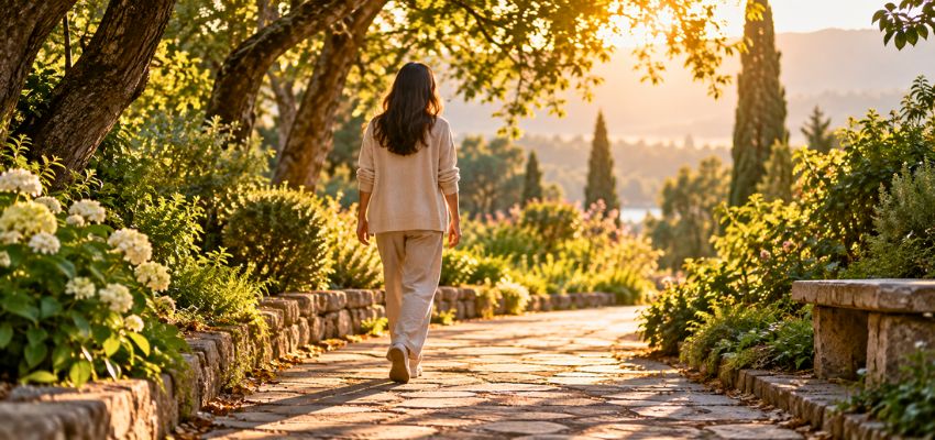 Woman walking a peaceful garden path while seeking Prayers to Free You From Anger and Resentment.