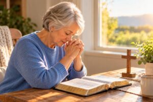Woman praying over an open Bible with Prayers to Free You From Anger and Resentment.