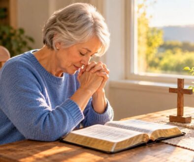 Woman praying over an open Bible with Prayers to Free You From Anger and Resentment.