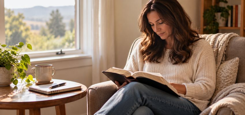 Woman reading Scripture in a cozy chair while reflecting on bible verses about gratitude.