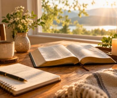 Open Bible on a sunlit table with journal and coffee, perfect for studying bible verses about gratitude.