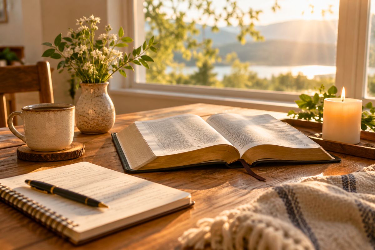Open Bible on a sunlit table with journal and coffee, perfect for studying bible verses about gratitude.