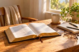 Open Bible on a sunlit table ready for study, ideal when asking in what order should i read the bible.